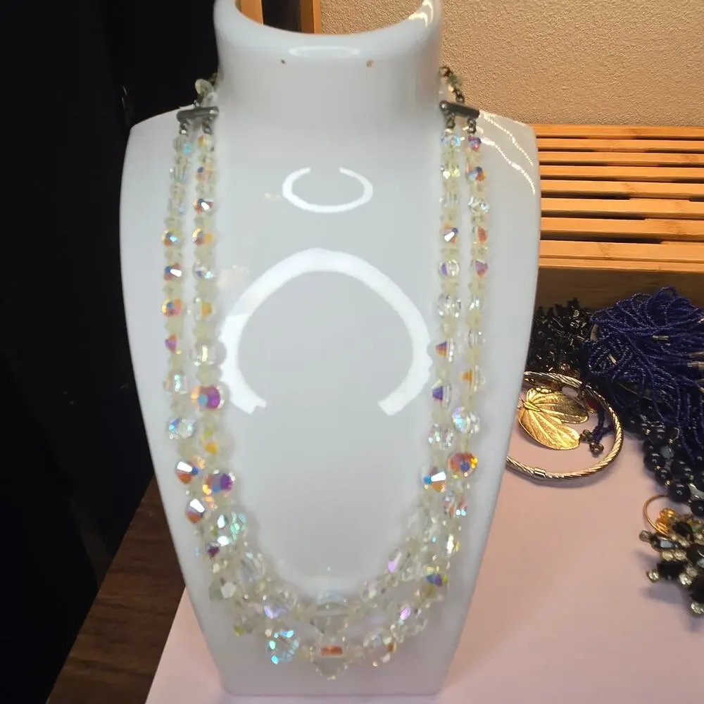 Vintage 1950s Aurora Borealis Crystal Double Strand Necklace Graduated Bead